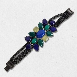 Peacock Hematite Rhinestone Link Bracelet Double Clasp Closure Blue/Green W OS